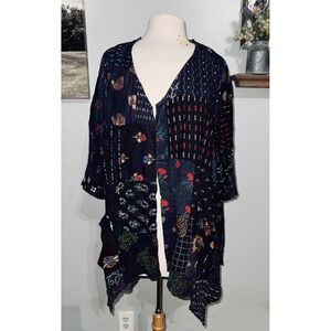 Earthbound blue black patchwork kimono open front Aztec boho 3/4 sleeve small‎